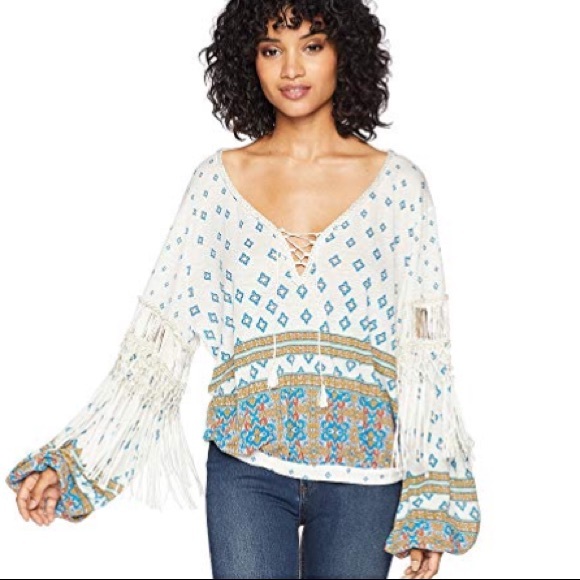 Free People Boho Long Sleeve Ivory Fringe Top - Picture 2 of 5